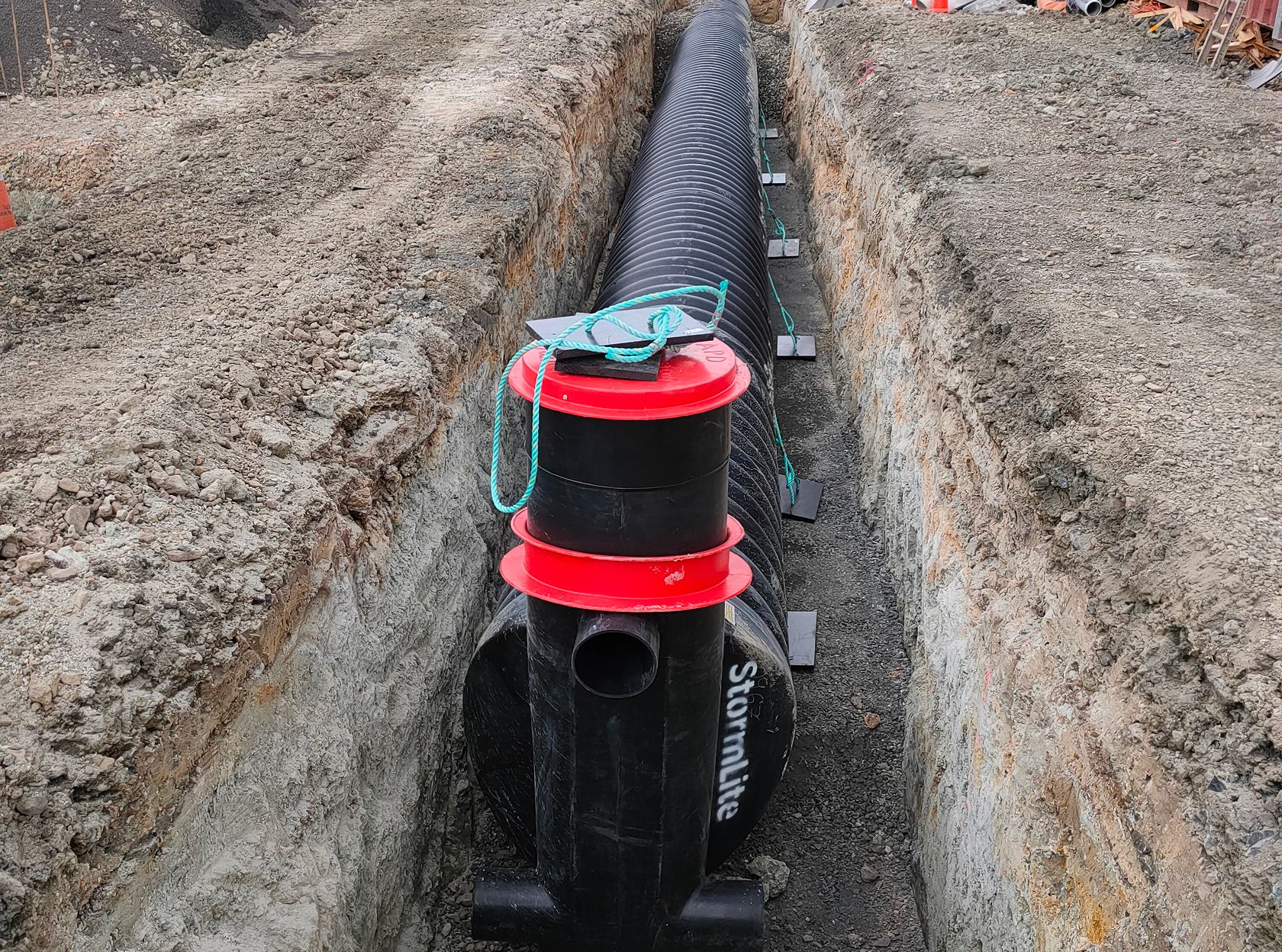Subsoil drainage pipe installed to remove excess groundwater.