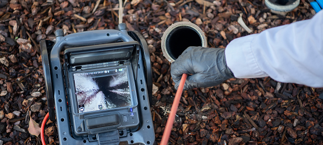 CCTV inspection camera being inserted into a drainage pipe.
