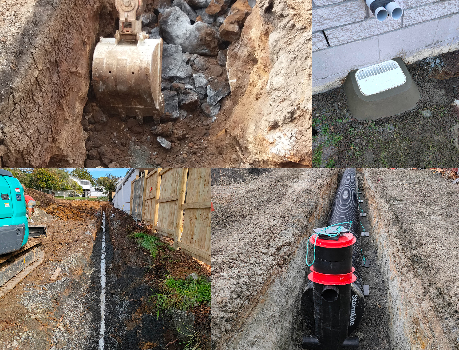 Collage Collage of drainage and excavation work, showing a trench being dug through rock, a concrete-finished vent outlet on a house exterior, a long drainage trench with piping installed beside a fence, and a large underground Stormlite drainage tank placed inside a prepared trench.
