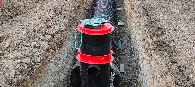 Subsoil drainage pipe installed to remove excess groundwater.
