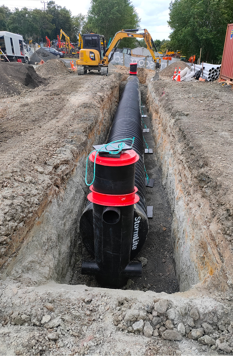Subsoil drainage pipe installed to remove excess groundwater.