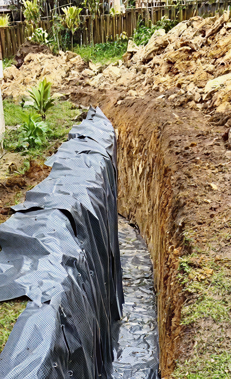 Excavated trench with a black geotextile-lined surface drainage system installed along a garden boundary.